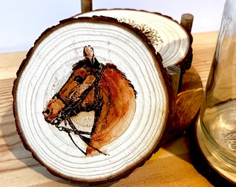 Engraved Wooden Horse Coasters Hand Painted Live Edge with Bark Tree Slice Ranch Farm Housewarming Gift Personalized Customized