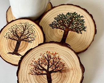 Wood, Hand Painted, Engraved Oak Tree Coasters, Nature Decor Personalized Gift or Wedding Favor, Anniversary Present, Housewarming, Set of 4