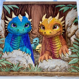 Dragon Wall Art HandPainted on Wood Dragon Decor Baby Dragons Carved Mythical Gift Fine Art Piece 12”x12” Wall Hanging