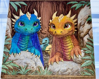 Dragon Wall Art HandPainted on Wood Dragon Decor Baby Dragons Carved Mythical Gift Fine Art Piece 12”x12” Wall Hanging