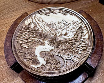 Custom Engraved Tree and Mountains Coasters - Round Rustic Wood Slice for Home Decor and Cabin Gifts