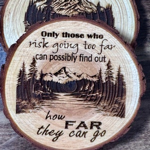 Round Wood Mountain Coasters w/quotes Rustic Home Decor, Engraved Round Wooden Tree Slices with Motivational Quotes