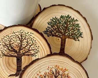 Round Wood Tree Coasters, Handpainted Nature Decor Personalized Custom Gift, Wedding, Anniversary, Housewarming, Set of 4