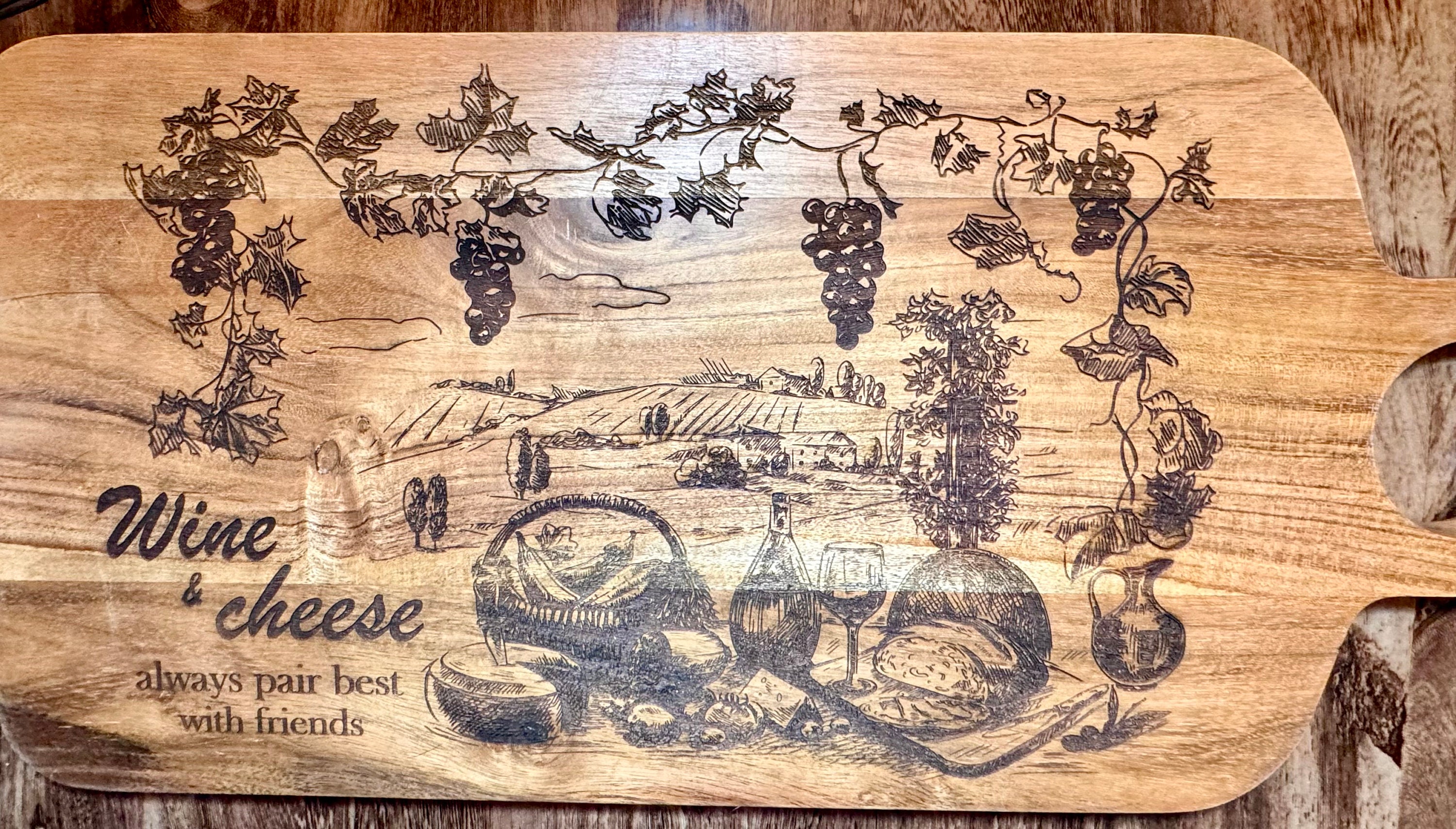 Charcuterie board with Engraved Vineyard Scene Wooden Wine and Cheese Board Serving Tray for Friends Girls Night Gift