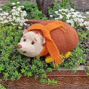 Puede incluir: Un erizo tejido a mano, con una cara beige, una nariz marrón y ojos negros. El erizo lleva una bufanda naranja y tiene pies amarillos. Está situado en un jardín con plantas verdes y flores blancas.