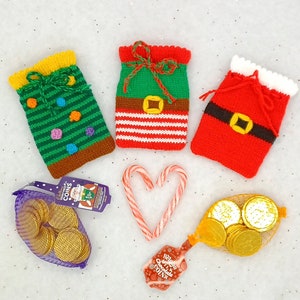 PDF Christmas DK Knitting Pattern Decoration Chocolate Coin Bags Gift Charity knit EASY Christmas Eve Box