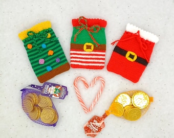 PDF Christmas DK Knitting Pattern Decoration Chocolate Coin Bags Gift Charity knit EASY Christmas Eve Box