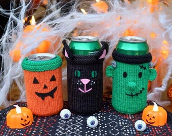 Halloween Spooky Can Cosy Coozie Knitting Pattern DK (PDF) Frankenstein Cat Pumpkin Charity Knit