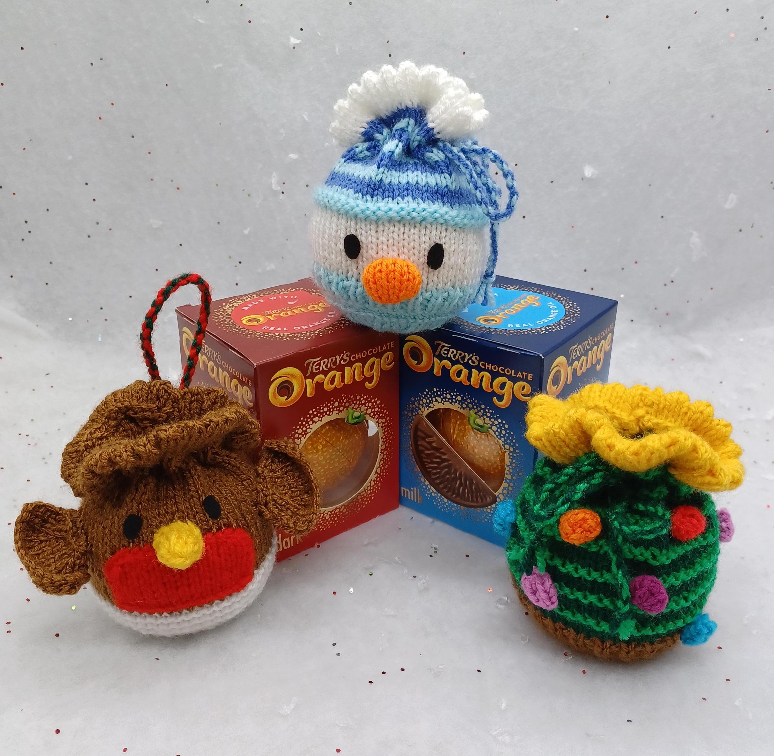 PDF Christmas Knitting Pattern DK Decoration Chocolate Orange Cover Drawstring Bag Gift Charity EASY Christmas Eve Box Robin Bauble Snowman