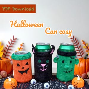 PDF Spooky DK Halloween knitting pattern Can Sleeve Cosy Gift NOVELTY Treat Cup.  Pumpkin/Frankenstein/Witch&#39;s Cat