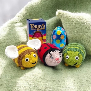 PDF Easter Knitting Pattern Garden Bugs Egg Cover DK 98g Gift Charity knit Easter Egg Hunt Mini Eggs Dairy Milk Toy Puppet Softie