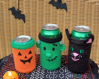 PDF Spooky DK Halloween knitting pattern Can Sleeve Koozie/Cosy Gift NOVELTY Treat Cup.  Pumpkin/Frankenstein/Witch's Cat