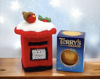 Knitting Pattern Chocolate Orange Box Cover – Christmas Post Design (PDF Download) Traditional Post Box Charity Gift DK Letter Santa Robin