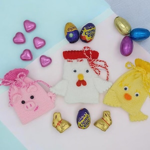 PDF Easter Knitting Pattern DK Farmyard Chocolate Creme Egg Treat Bags Gift Charity knit EASY Easter Egg Hunt Chick Pig Chicken mini eggs