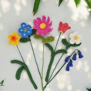 PDF Flower Posy Knitting Pattern Set of6 Flowers DK Gift Charity knit EASY Forget-me-not Daffodil Daisy Cosmos Tulip Bluebell Narcissus Leaf