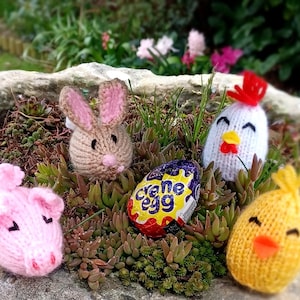 Puede incluir: Decoraciones de huevos de Pascua de punto en forma de conejo, pollito, cerdo y gallo. Las decoraciones están sentadas en una maceta de plantas verdes con un huevo de chocolate en el centro.