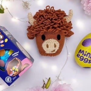 PDF Easter Knitting Pattern Highland Cow Egg Cover DK 98g Gift Charity knit Easter Egg Hunt Mini Eggs Dairy Milk Toy Puppet Kyloe Cow Puppet