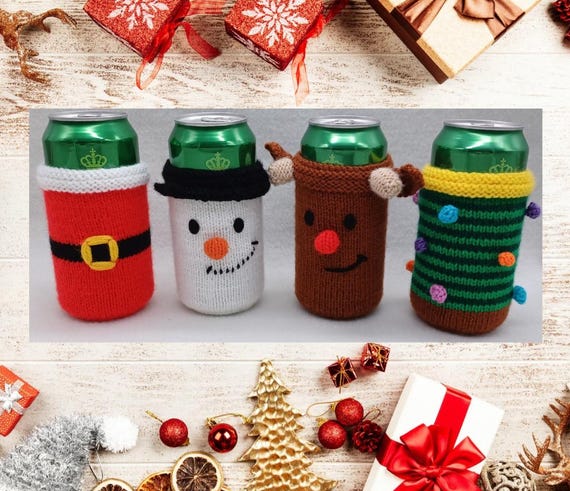 PDF Christmas DK knitting pattern - Can Sleeve Cosy - Easy to Follow Novelty Gift - Knitting-Xmas