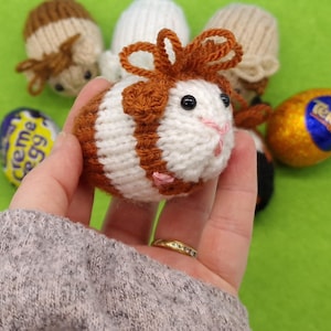 May include: A knitted guinea pig toy in brown and white stripes, held in a hand. The guinea pig has a brown bow, black eyes, and a pink nose. Other knitted guinea pigs and chocolate eggs are in the background.