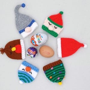 Egg Cosy Knitting Pattern: 6 Festive Designs (PDF) Elf, Christmas Tree, Gonk, Robin, Snowman Charity Christmas Knitting Patterns