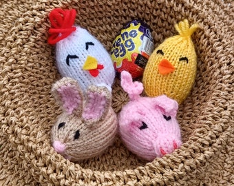 Farmyard Creme Egg Covers Knitting Pattern DK Gift Charity knit EASY EasterEgg Hunt Milk Toy Cadburys Caramel Oreo Piggy Bunny Chick Chicken