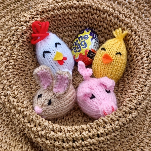 Cache-œufs crème de basse-cour, modèle de tricot, cadeau DK, tricot caritatif facile, chasse aux œufs de Pâques, jouet au lait Cadburys Caramel Oreo Piggy Bunny, poulet