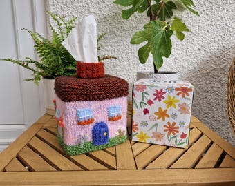 Knitting Pattern Tissue Box Cover – Cosy Cottage Design (PDF Download)