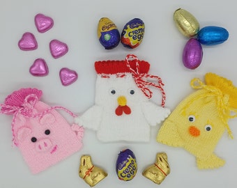 PDF Easter Knitting Pattern DK Farmyard Chocolate Creme Egg Treat Bags Gift Charity knit EASY Easter Egg Hunt Chick Pig Chicken mini eggs