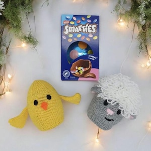 PDF Easter Knitting Pattern Egg Cover DK 98g Gift Charity knit EASY Easter Egg Hunt Chick Lamb Mini Eggs Dairy Milk Toy Puppet