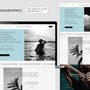 May include: A website mockup for a nutrition and lifestyle coaching service. The website features a black and white photo of a woman in the water, a text overlay that says "Unlock your potential with expert nutrition and lifestyle coaching", and a button that says "Get Started Today".