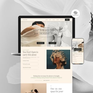 Op de afbeelding: Een website-ontwerp weergegeven op een laptop en smartphone. De website bevat de tekst "STEP TOWARD THE LIFE YOU DESERVE TO LIVE" en "You Don't have to carry this alone." Het Squarespace-logo is zichtbaar.