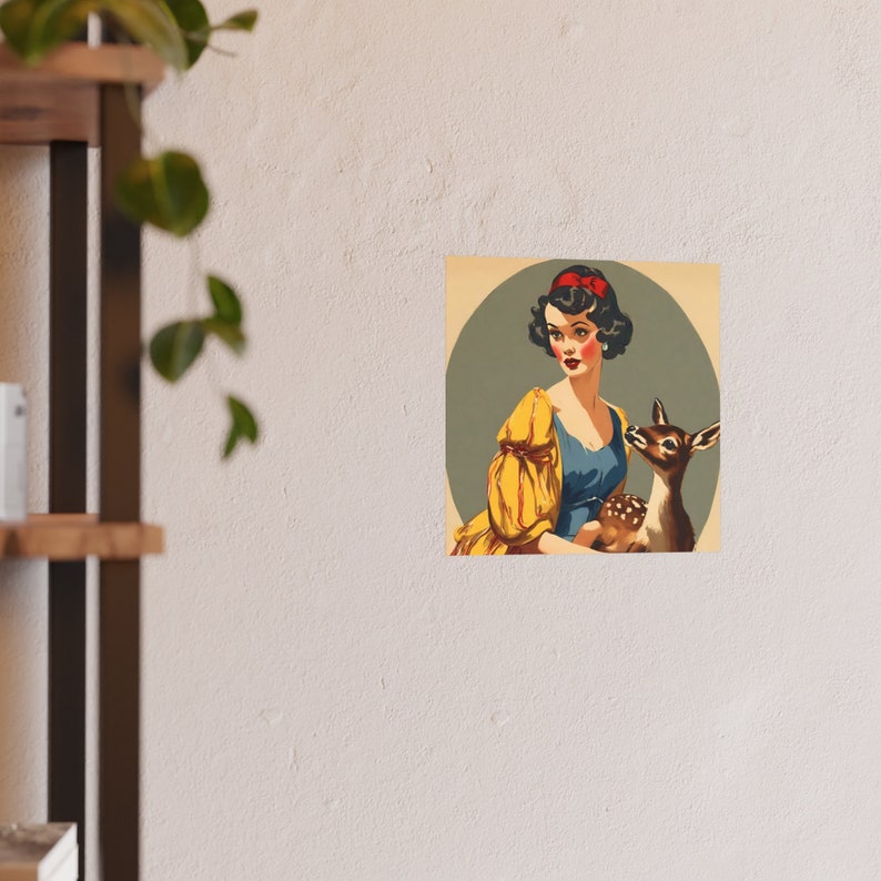Snow White artwork on a wall next to a book shelf