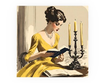 Póster de estilo vintage con una mujer leyendo, ideal para decorar la pared de una biblioteca.