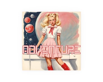 Poster Abenteuer, Vintage Pink Space Sailor Mädchen Wandkunst, Satin und Archival Matte Posters