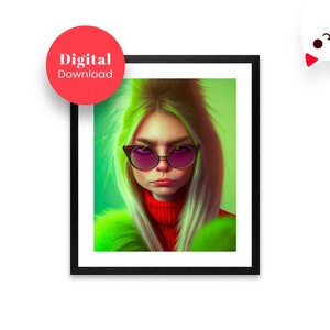 May include: Digital illustration of a woman with green hair wearing oversized sunglasses and a red sweater with a green fur collar.