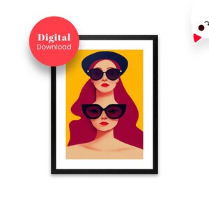 May include: A digital illustration of a woman with red hair wearing sunglasses and a black hat. The background is yellow.