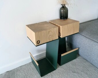 Dark green leg and solid oak, minimalist side table, Unigue design, Wooden Accent furniture, Coffee-Bedroom-Bedside table