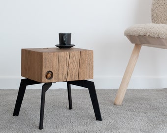 Minimalistic design, side table, small nightstand, mini table, handmade of solid oak and metal