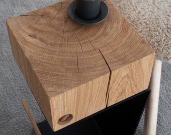 Handmade Oak Side Table - Modern Metal Base Nightstand - Massivholz Nachttisch Eiche