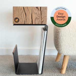 Solid Oak and Metal Side Table, Stylish decor piece, Modern Minimalist Nightstand for Bedroom and Living Room, Natural Wood Furniture