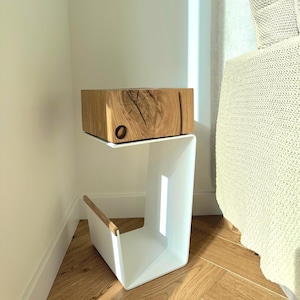 Modern White Nightstand: Natural Oak Top, Metal Base