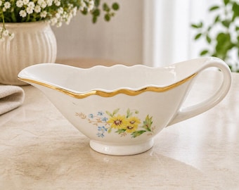 Vintage Dulevo porseleinen juskom: sauskom met bloemen en gouden rand