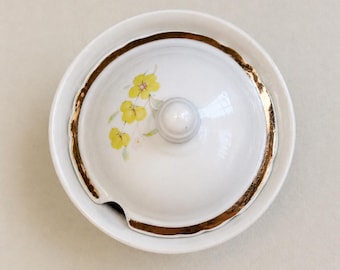 Vintage Dulevo Porcelain Sugar Bowl USSR Floral Gold Trim Lidded Soviet Dish 1960s Collectible