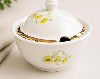 Vintage Dulevo Porcelain Sugar Bowl USSR Floral Gold Trim Lidded Soviet Dish 1960s Collectible