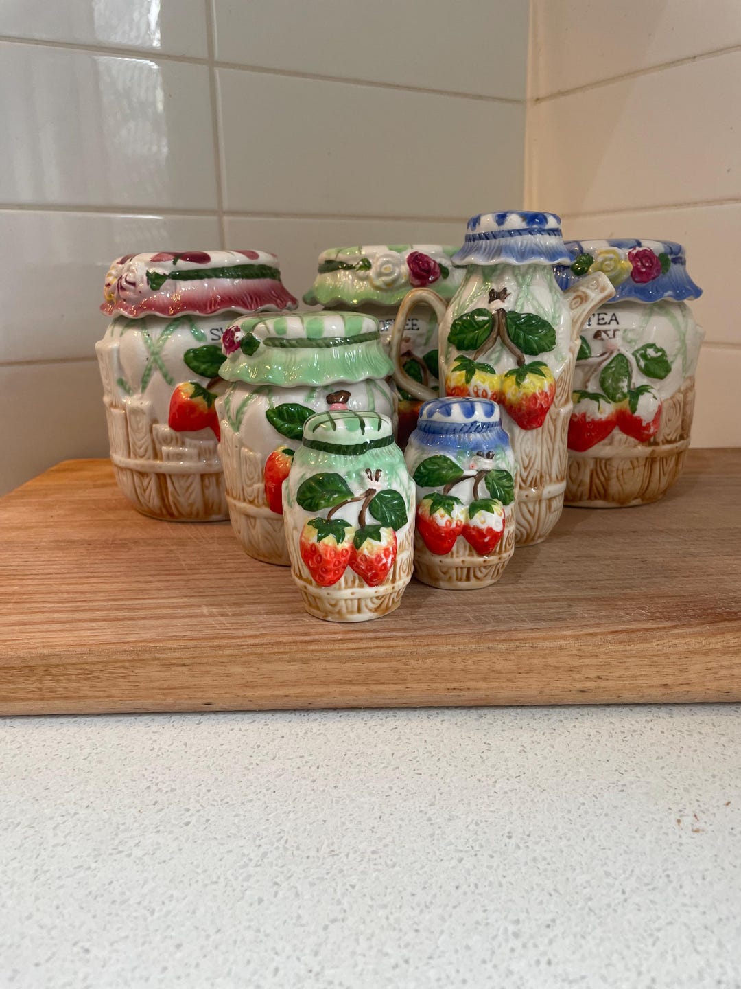 Set of 7 Vintage Strawberry Canisters – 1970s Kitchen Canister Set ...