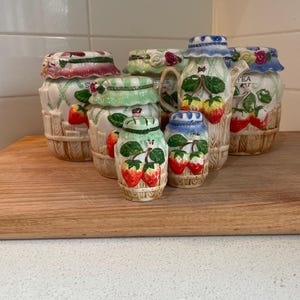 Set of 7 Vintage Strawberry Canisters – 1970s Kitchen Canister Set – Retro Fruit Storage Tins – Cottagecore Kitchen Decor