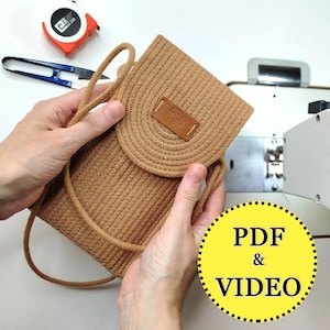 Costura en zigzag. Patrón de bolso de cuerda. PDF para funda de teléfono. Tutorial de cordón de algodón. Curso de bricolaje de bolsos.