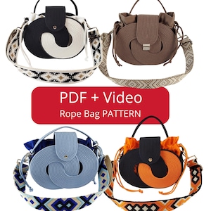 May include: Four rope bags with knotted designs, top handles, and patterned shoulder straps. The bags come in black and white, brown, light blue, and black and orange. A red rectangular label displays the text PDF + Video Rope Bag PATTERN.