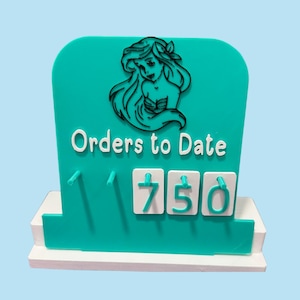 May include: A teal-colored order tracker with the text "Orders to Date" and the number "750". The tracker features a black outline of a mermaid and is set on a white base.