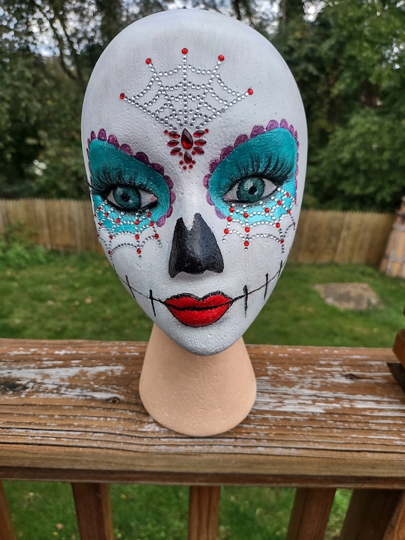 Mardi Gras Sugar Skull Day of the Dead Foam Mannequin Head. Hand Painted  With Jewels and Lashes. 